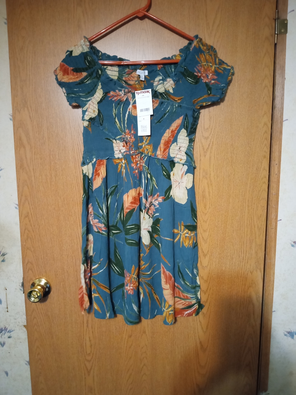 Patrons of Peace Teal Tropical Off-Shoulder Smocked Tunic